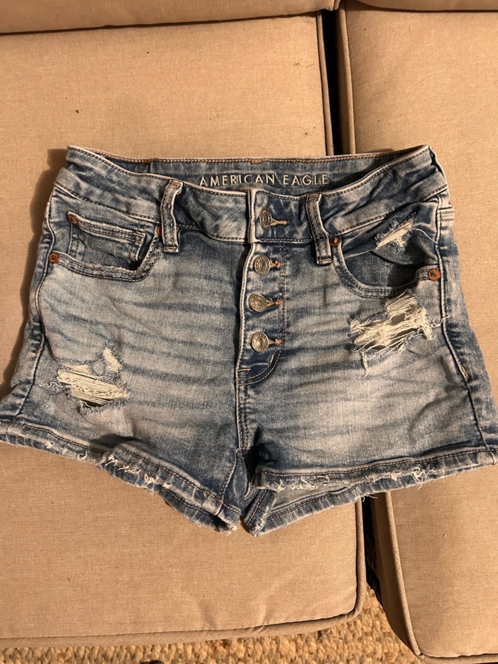 American Eagle Outfitters Faded Blue Distressed Button-Front Denim Shorts